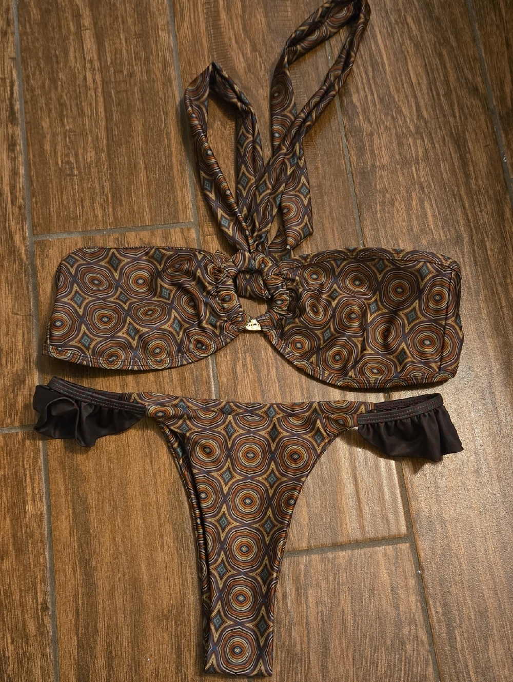 Strawberry Milk Mob Brown Geo-Print Bandeau Bikini with Halter Tie